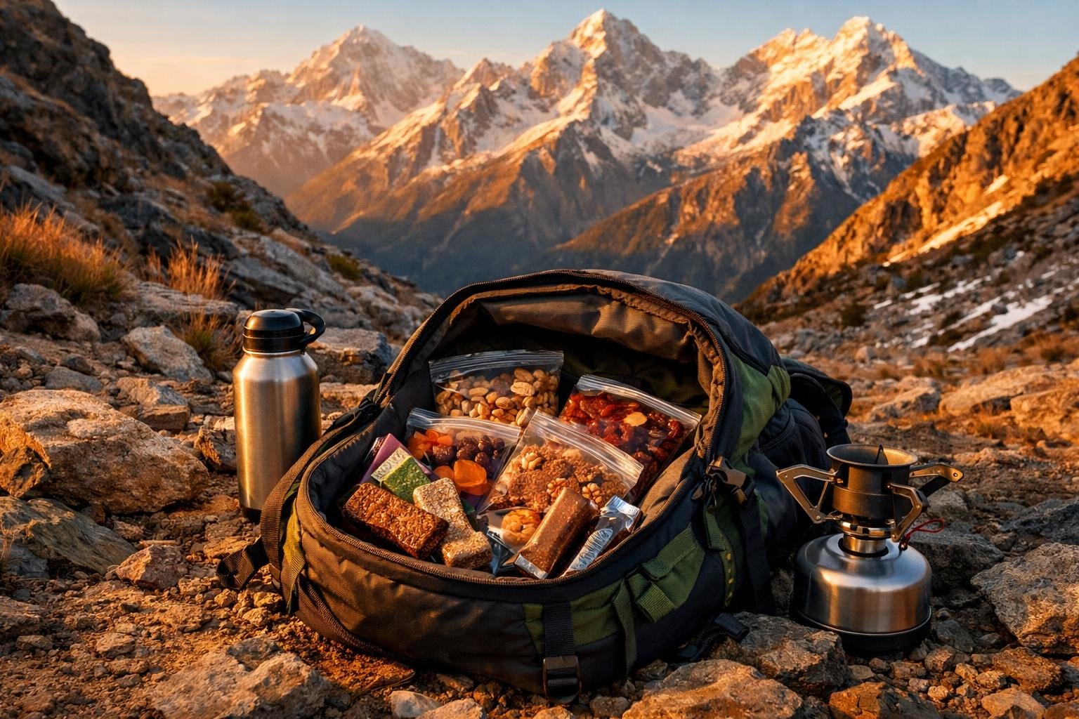 Turistika v horách s energetickými snackmi a športovou výživou pre výkonnosť počas túry