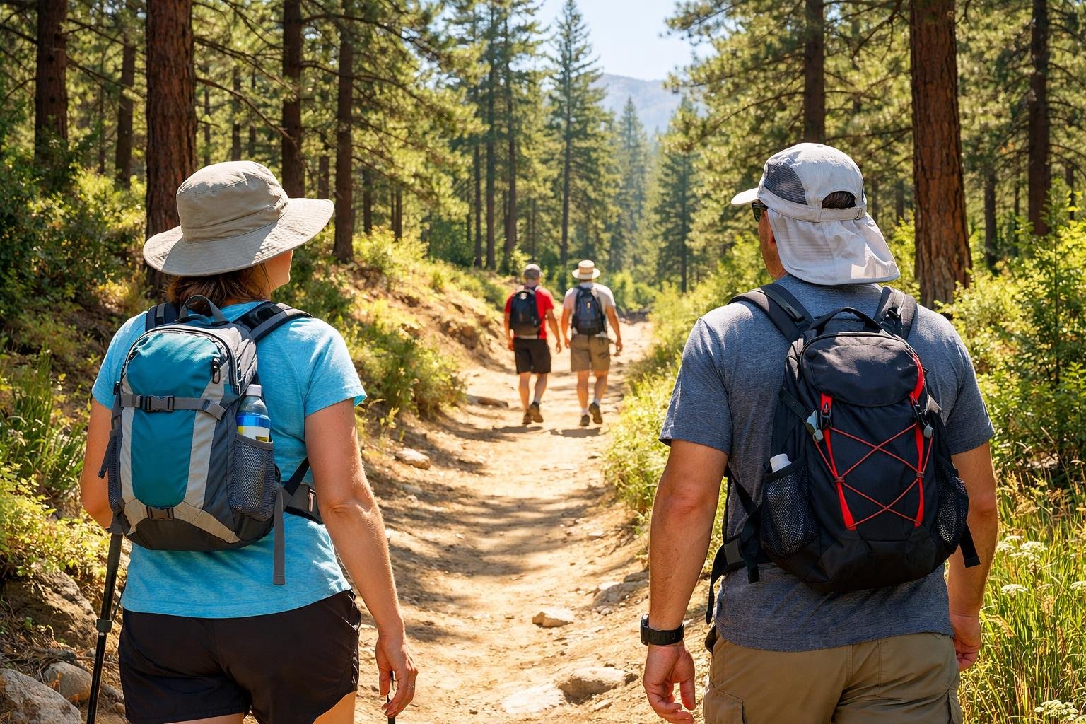 Turista v ľahkom letnom oblečení s vrstvením počas letnej túry v prírode