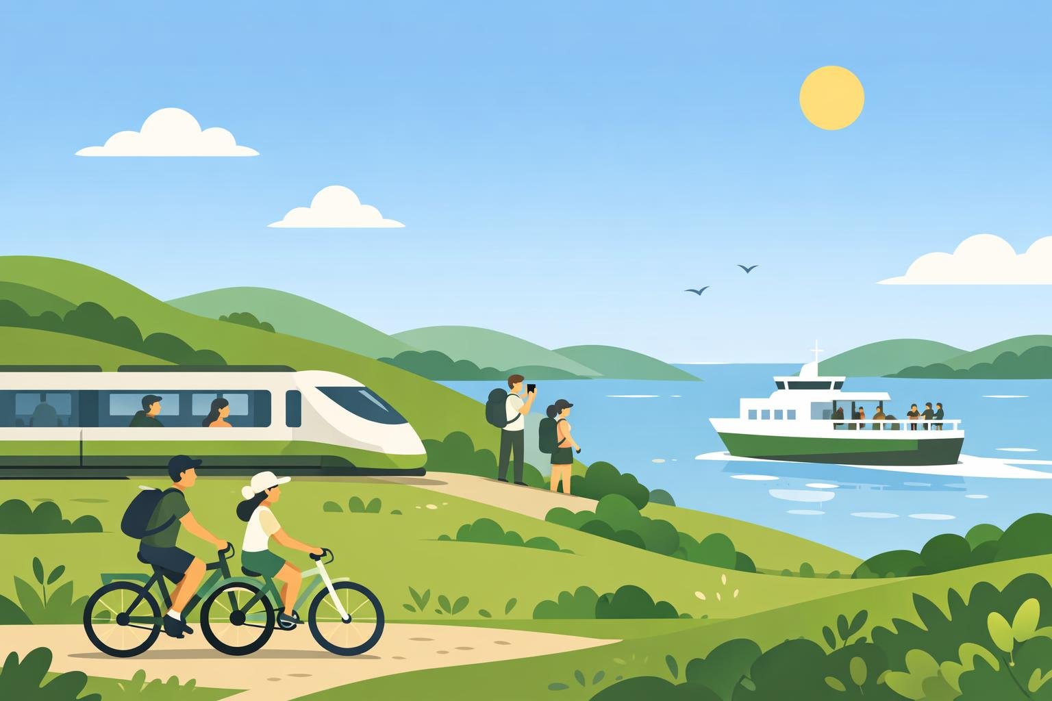 Turistická scenéria: cestovanie vlakom, pešo a na bicykli s minimálnou uhlíkovou stopou.