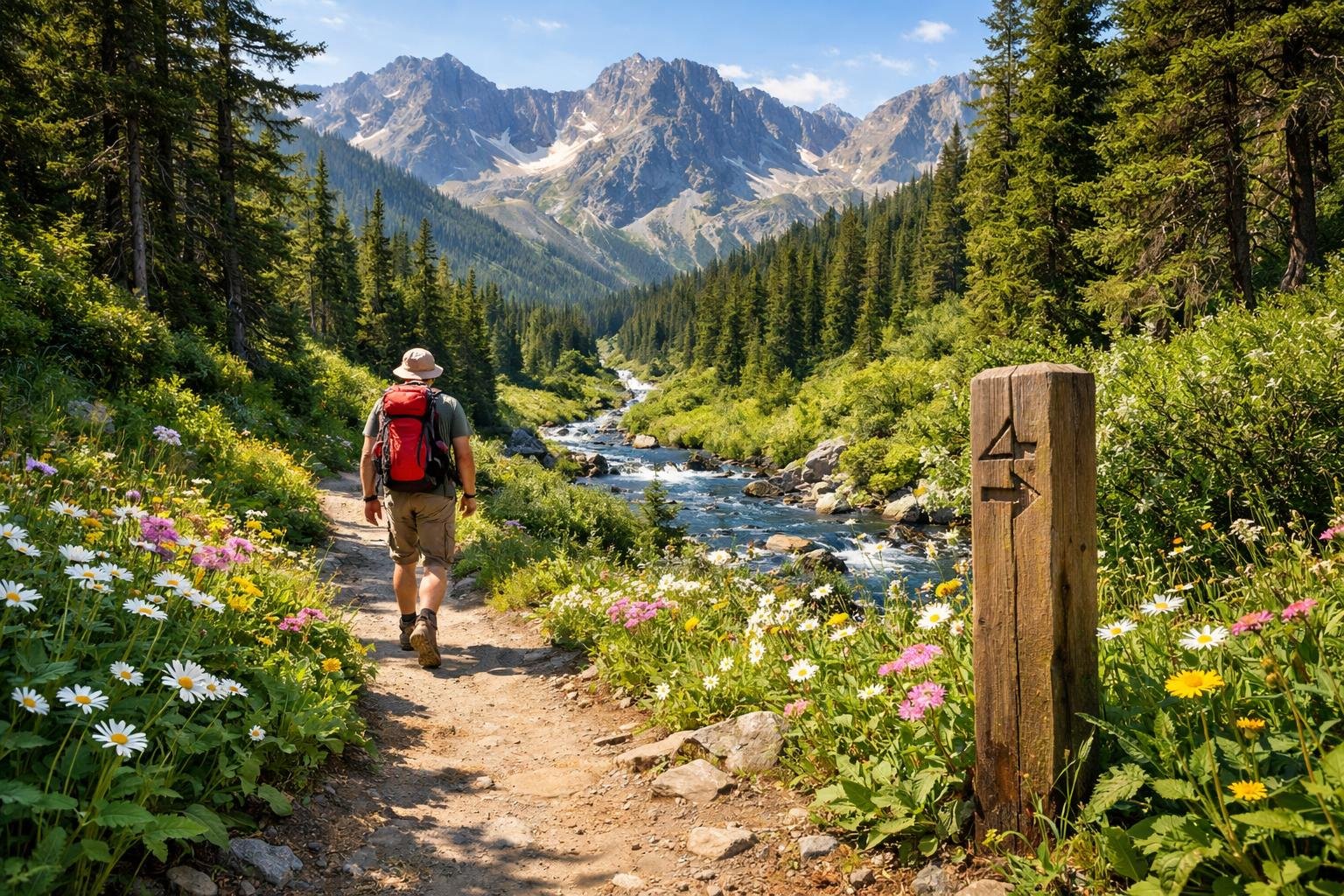 Skupina turistov kráča po vyznačenom chodníku a dodržiava pravidlá ochrany prírody.