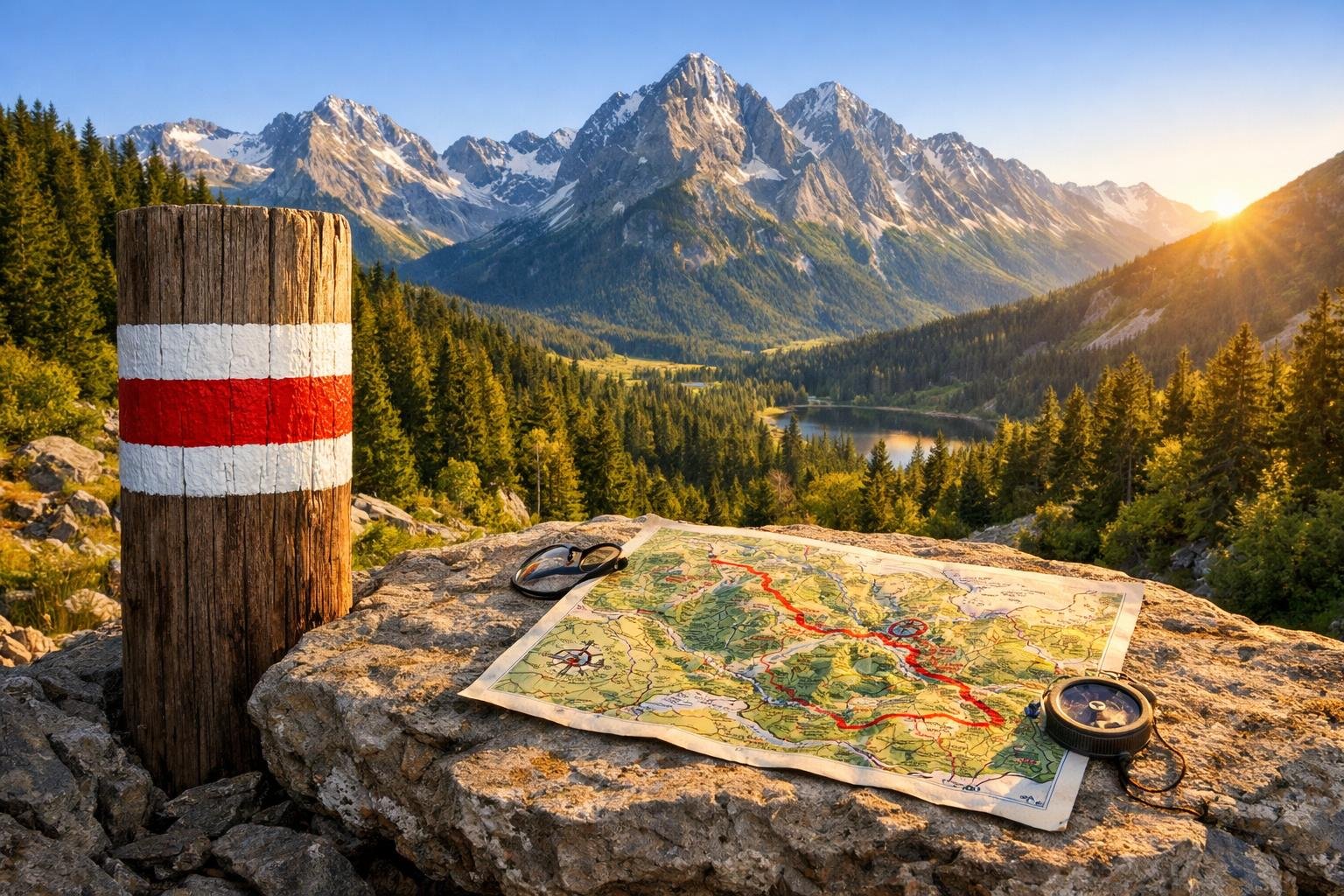 Turistické značky a mapy v slovenskom horskom teréne, názorné farby.