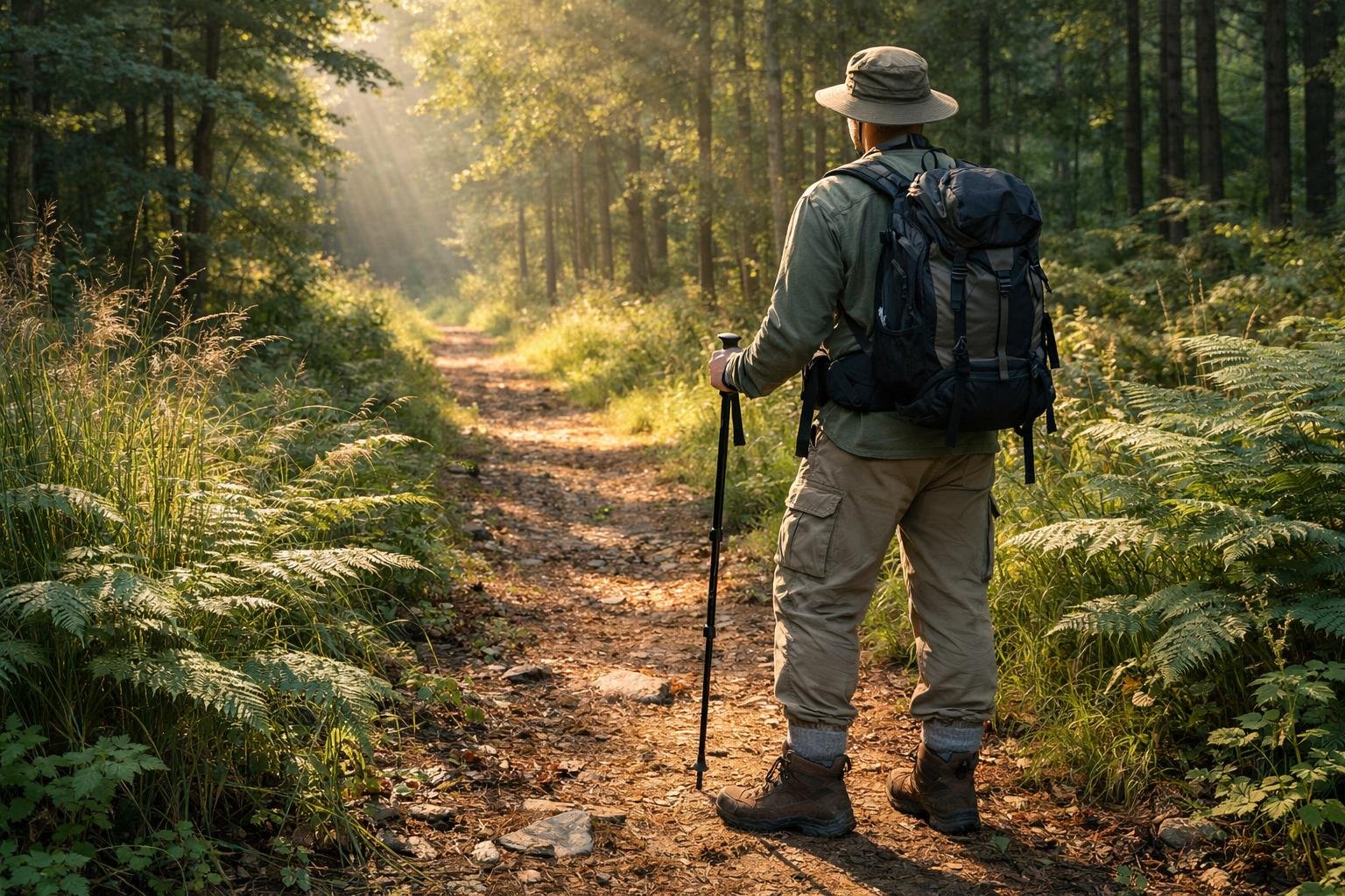 Turista v dlhom rukáve a nohaviciach v lese, bojí sa kliešťov.