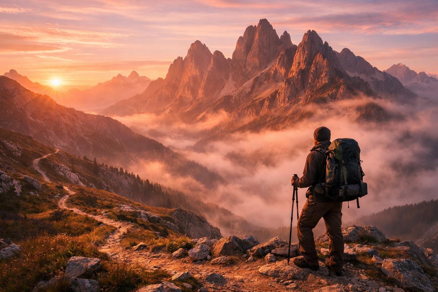 Turista stojí na hrebeni, nad horami vychádza zlatý východ slnka