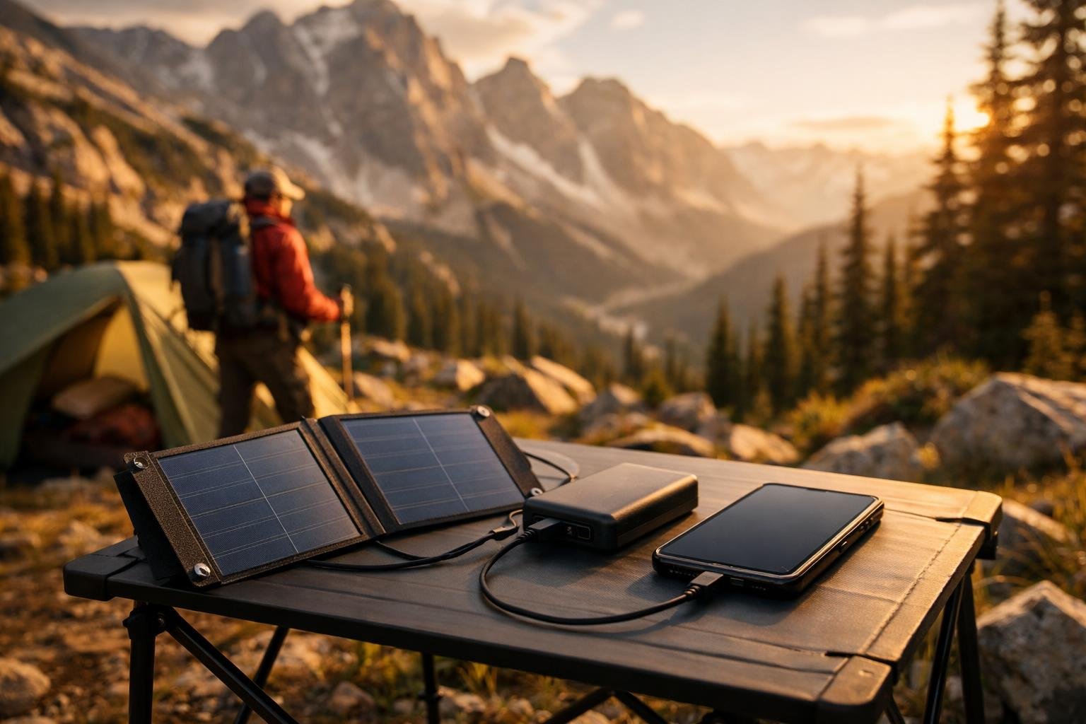 Turista s batohom na horskej trase nabíja telefón externým powerbankom