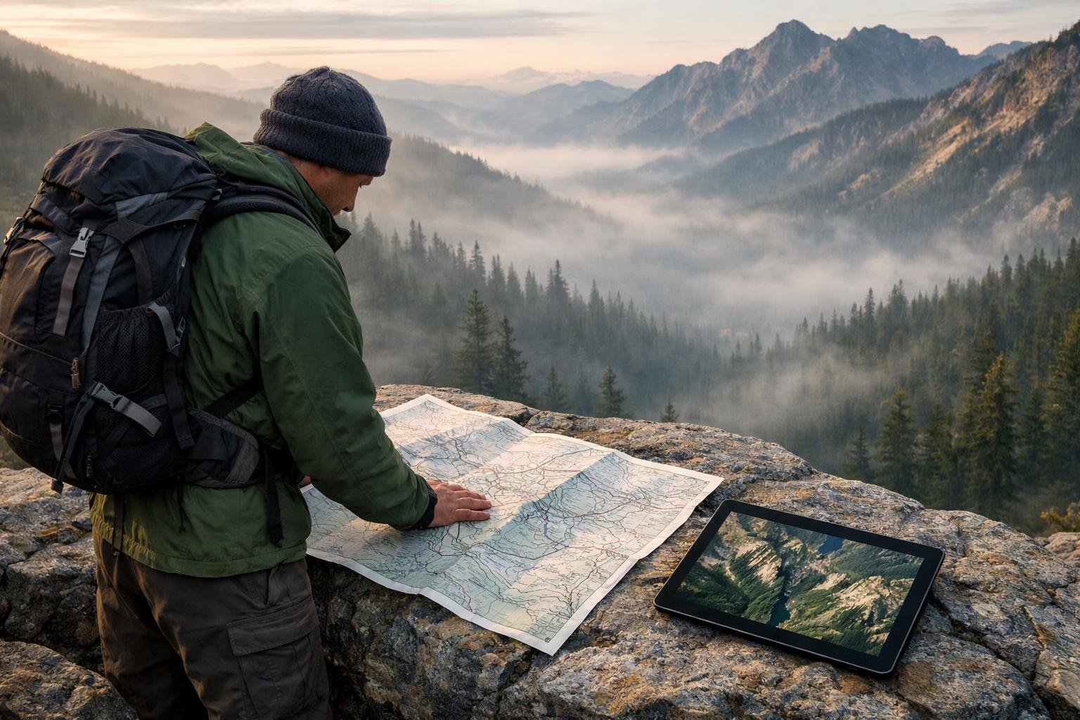 Turista plánuje bezpečnú trasu mimo značených chodníkov s mapou detailne