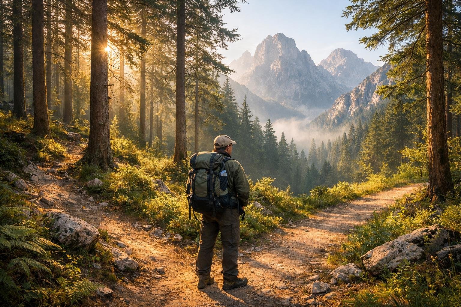 Mladá dvojica a skupina turistov plánuje aktívnu dovolenku v lesnej oblasti, mapujú trasu.