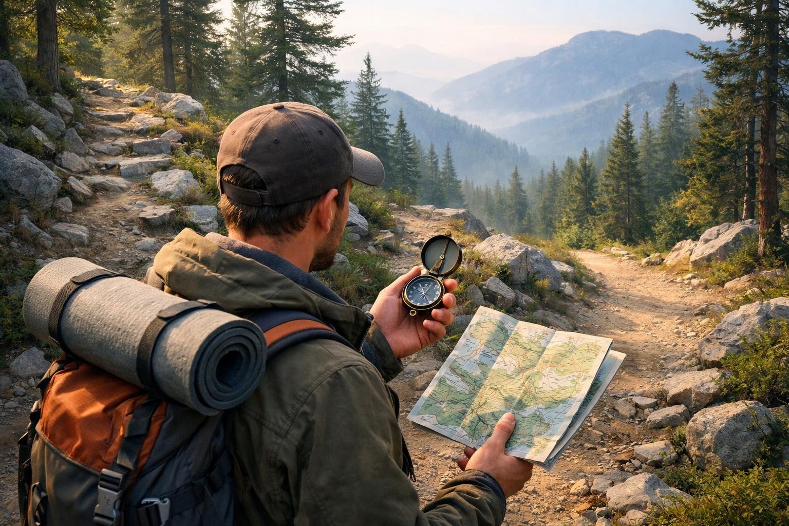 Turista so mapou a kompasom pri plánovaní horskej turistickej trasy na slnečný deň.