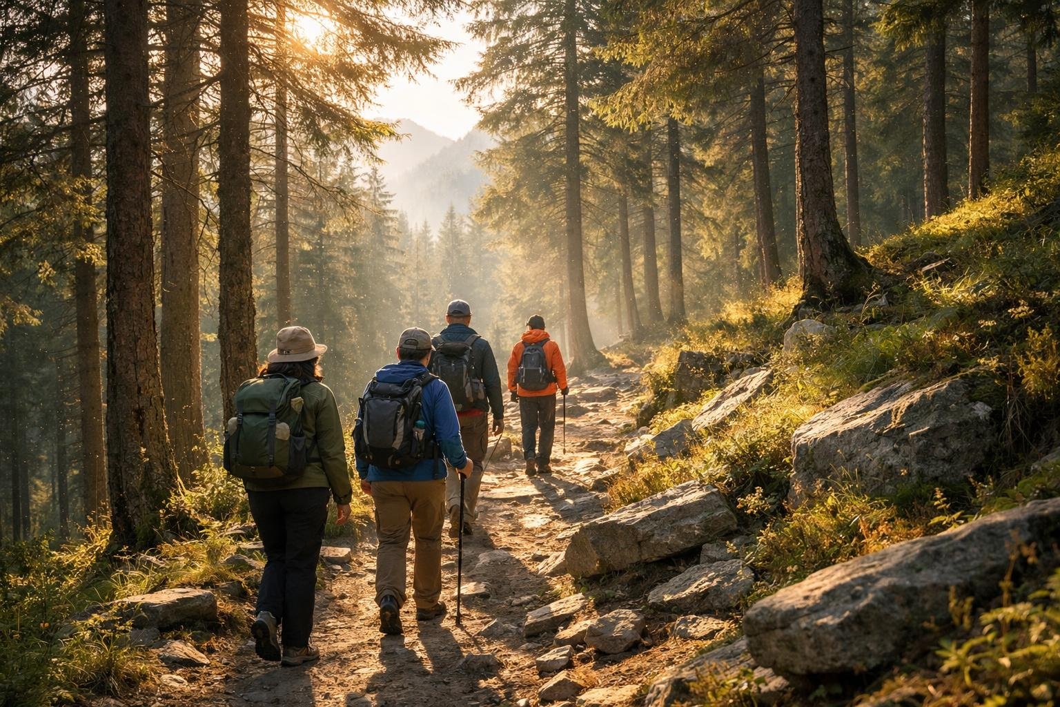 Turista kráča pomaly po horskej ceste s výhľadom na údolie.