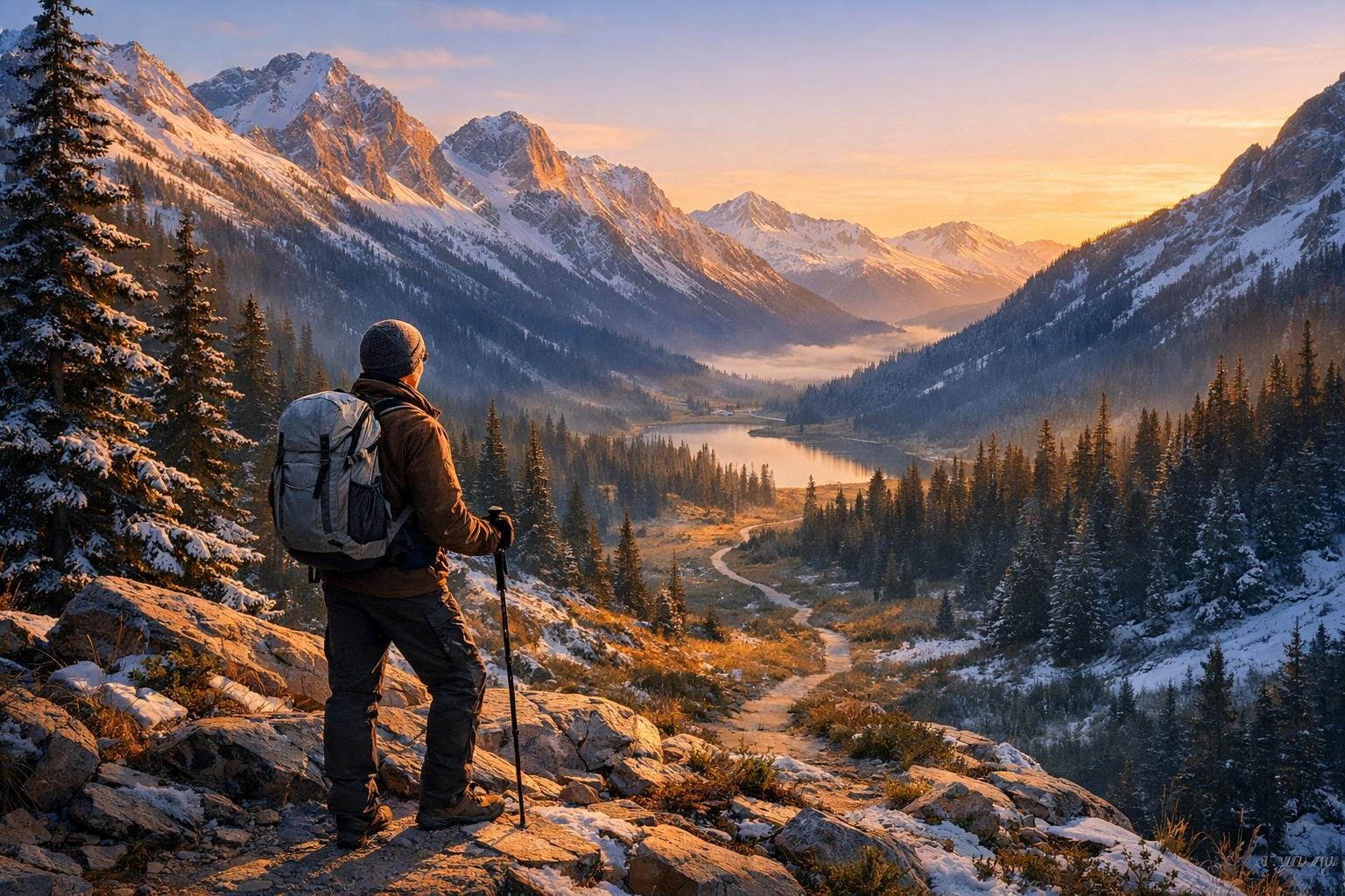 Turista v horách s mapou a výbavou na plánovanie výletu.