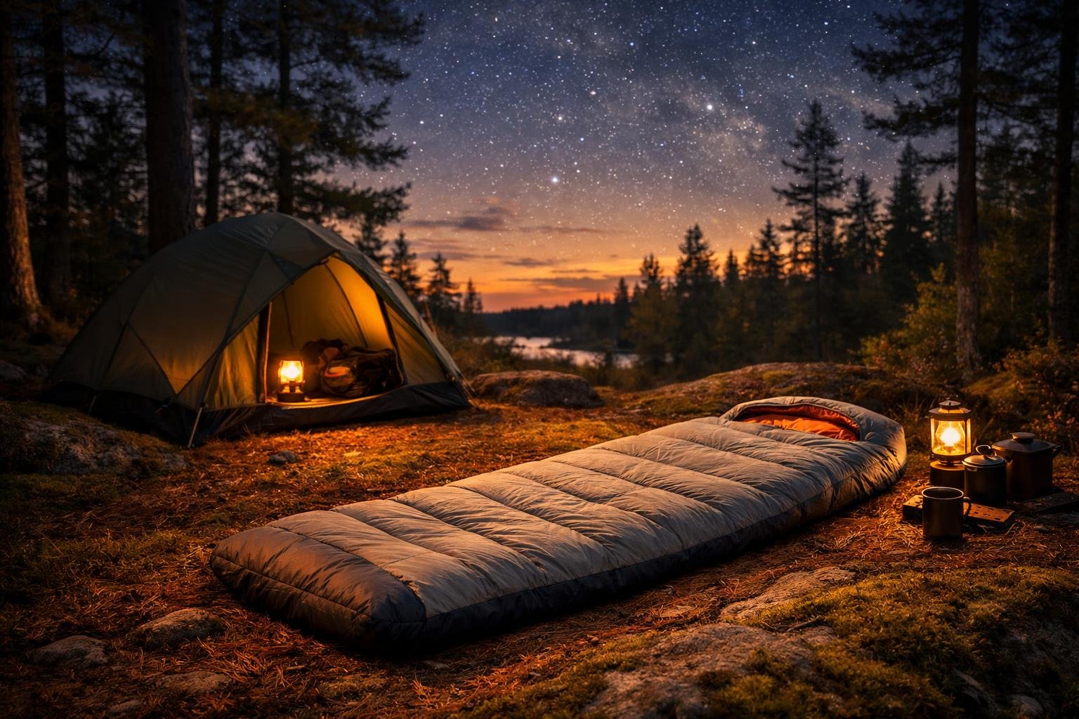 Spací vak na letnú noc v prírode, karimatka a hviezdna obloha.