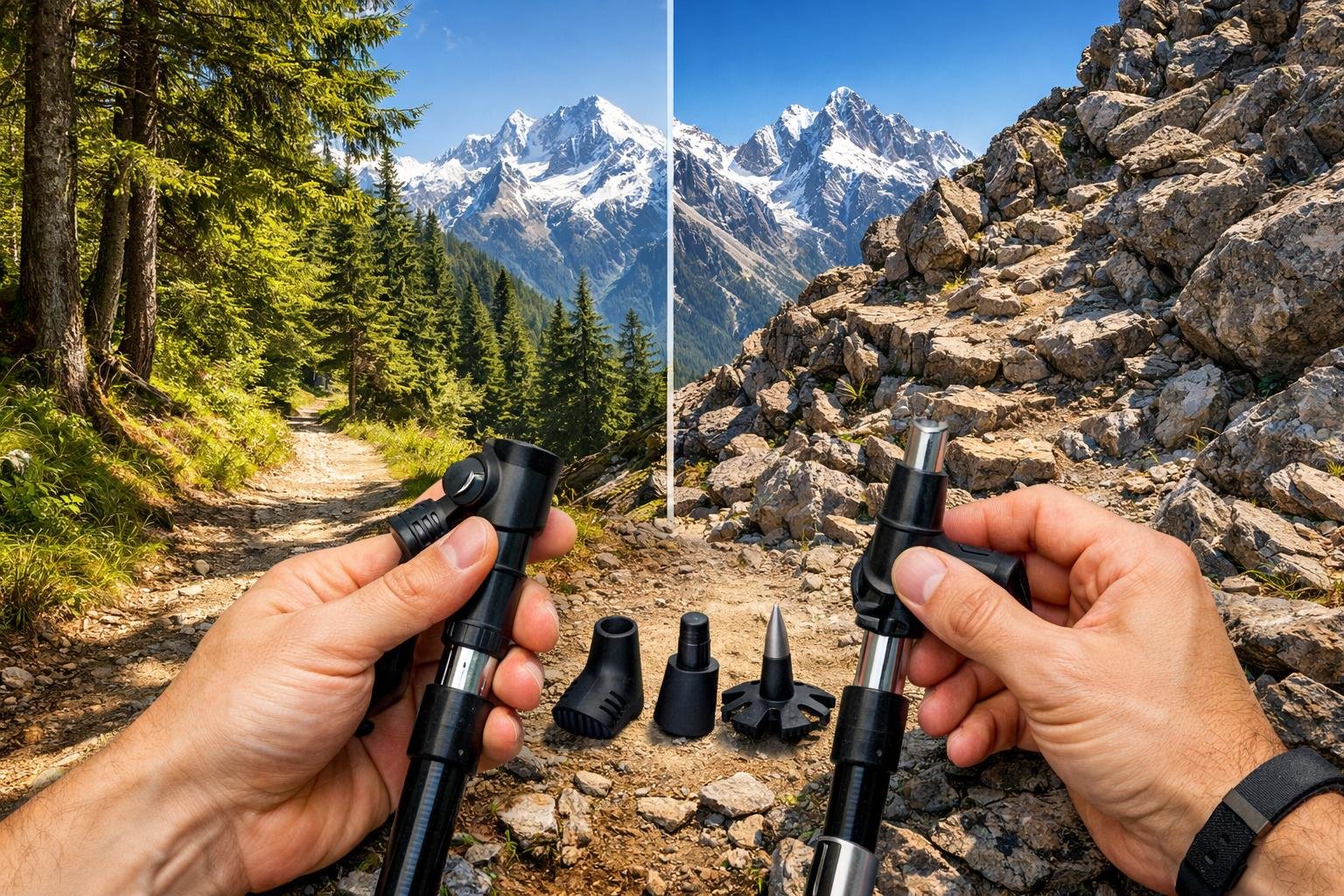Turistické palice stojia vedľa turistu na skalnej ceste v prírode počas dlhej prechádzky.