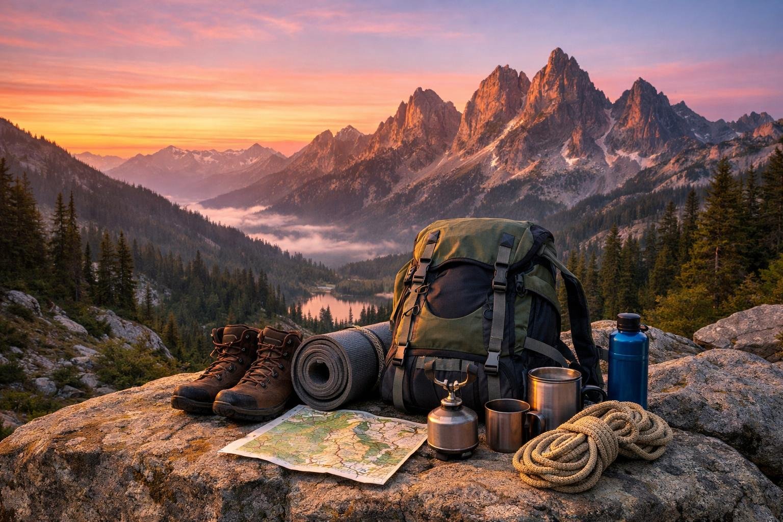 Turista balí batožinu na horskú túru s mapou a kompasom.