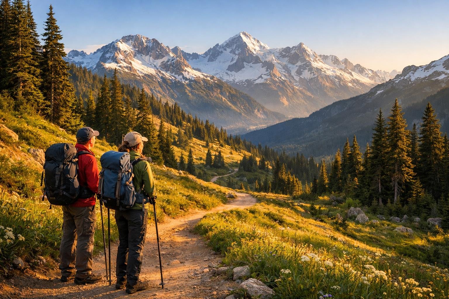 Záber na horskú turistiku: potôčik, skalnatý chodník a široká krajina hôr.