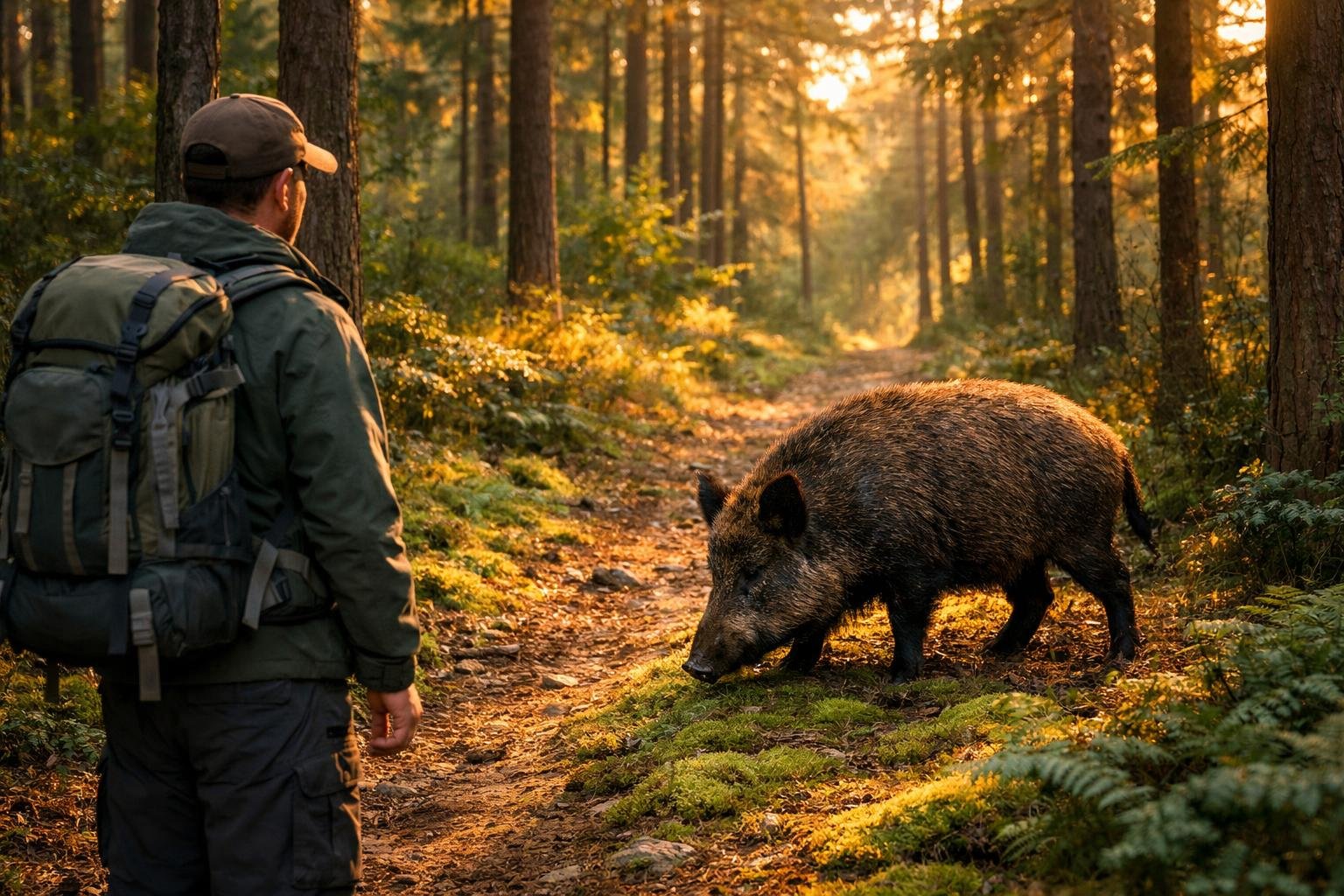 Turisti v lese počas túry stretávajú diviaka a dodržiavajú bezpečnostné pravidlá