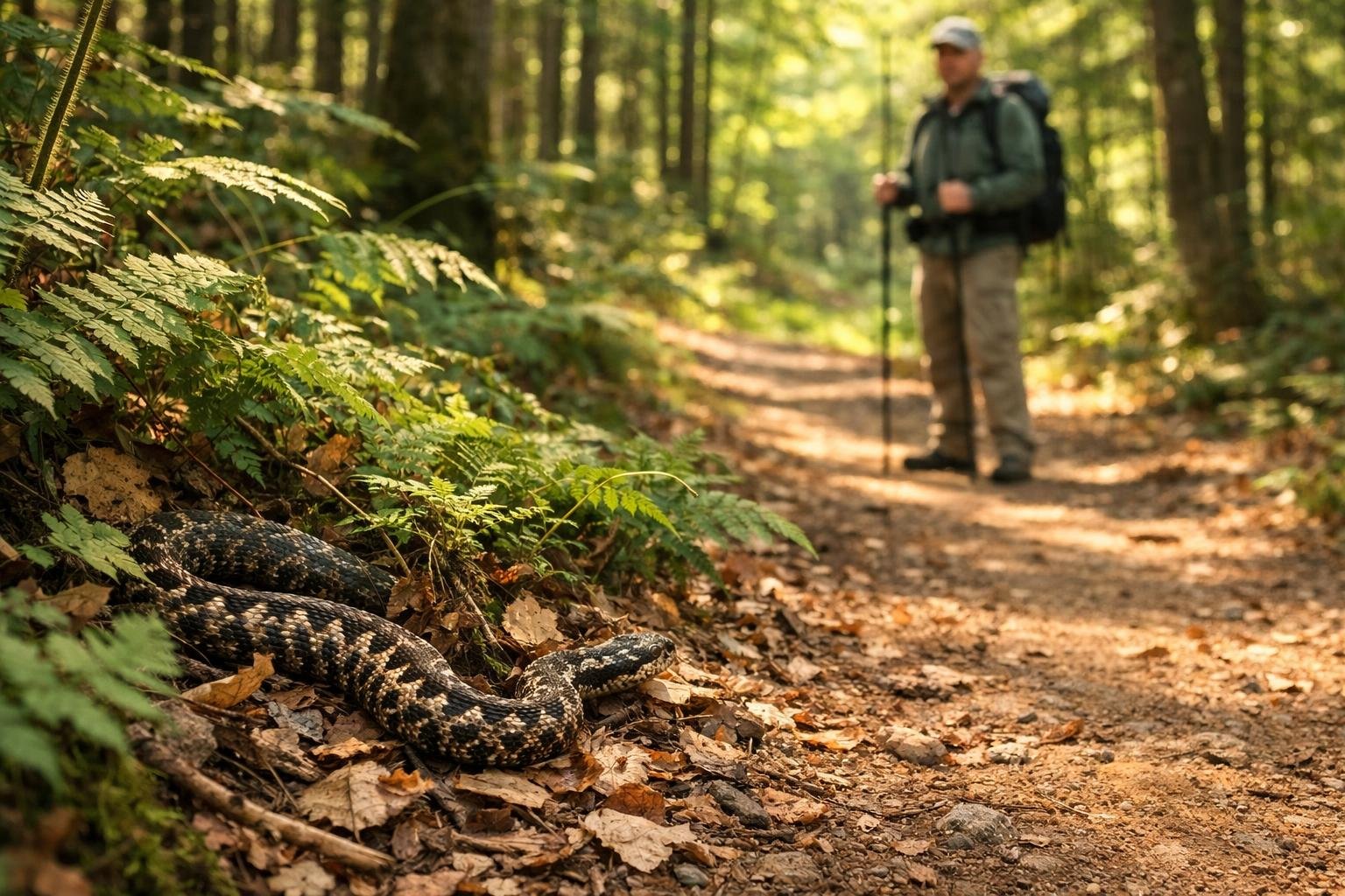 Turista opatrne obchádza had na lesnom chodníku počas túry v prírode.