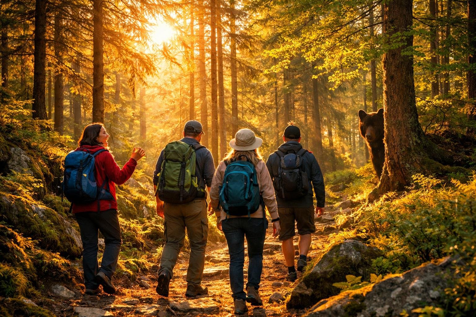 Turista v slovenskom lese pozoruje medveďa z odstupu pre bezpečie