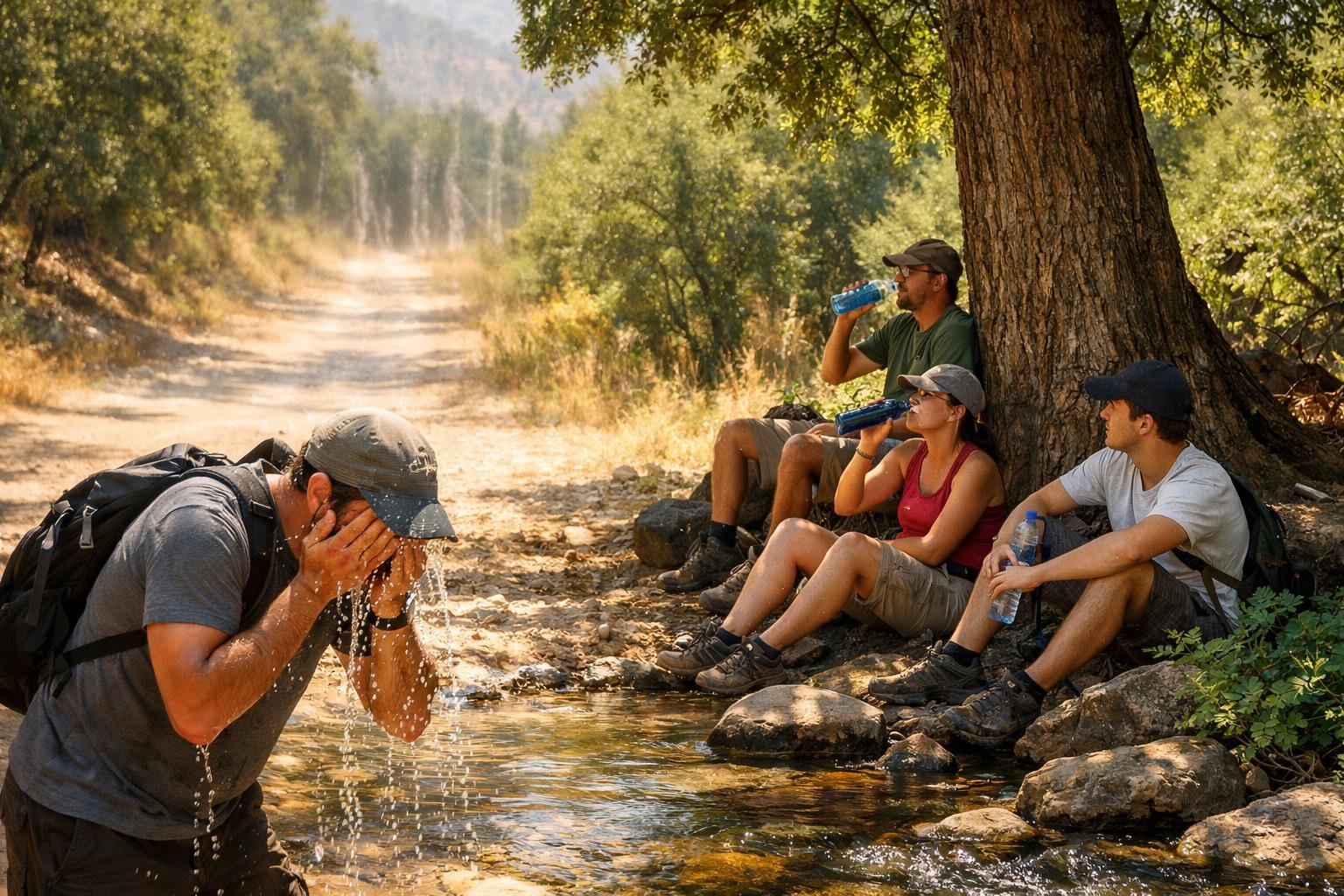 Turista v horách sa prehrieva na slnečnom dni a potrebuje pomoc