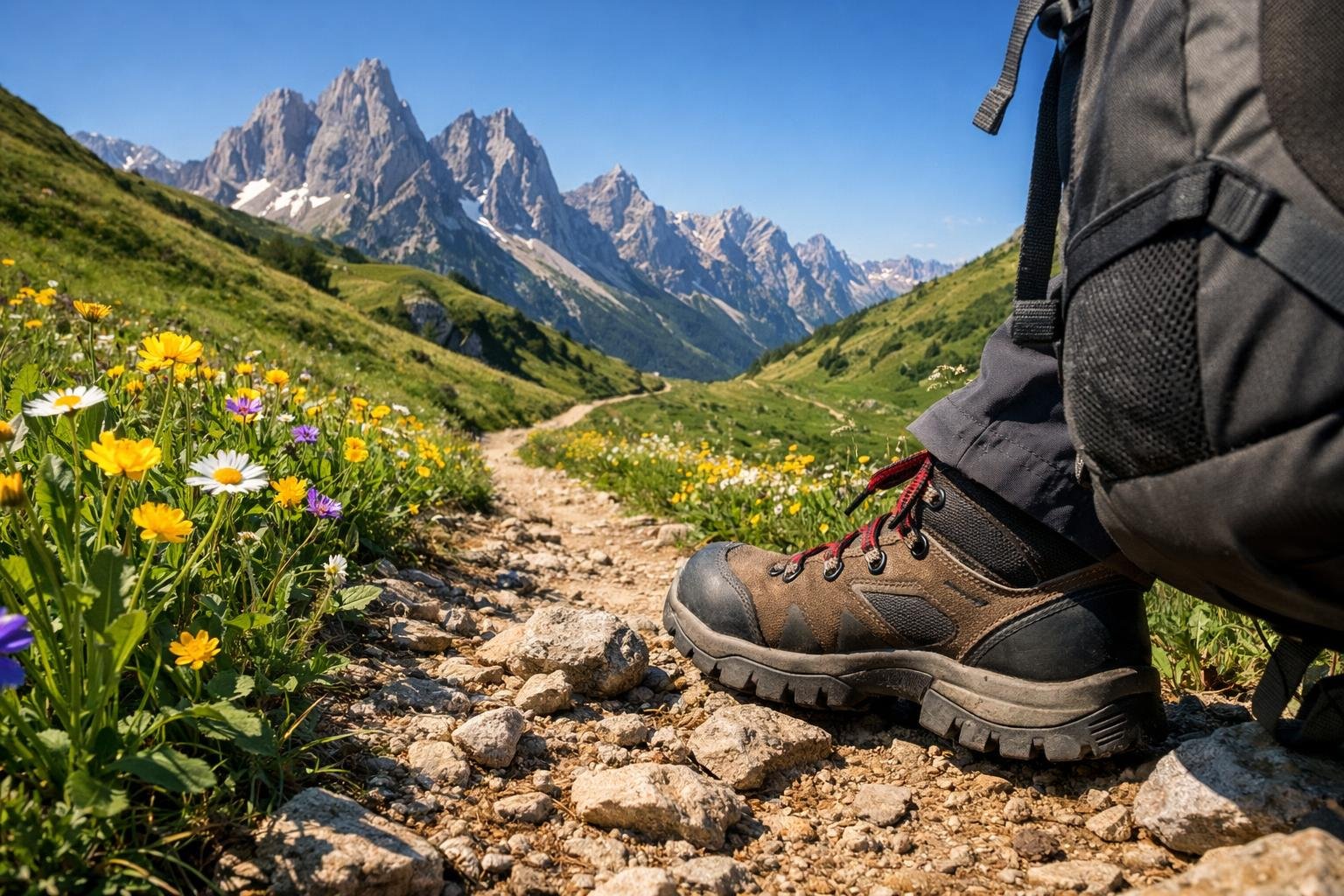 Slnečný horský chodník, turistka pripravená na letnú túru s výbavou pre bezpečnosť.