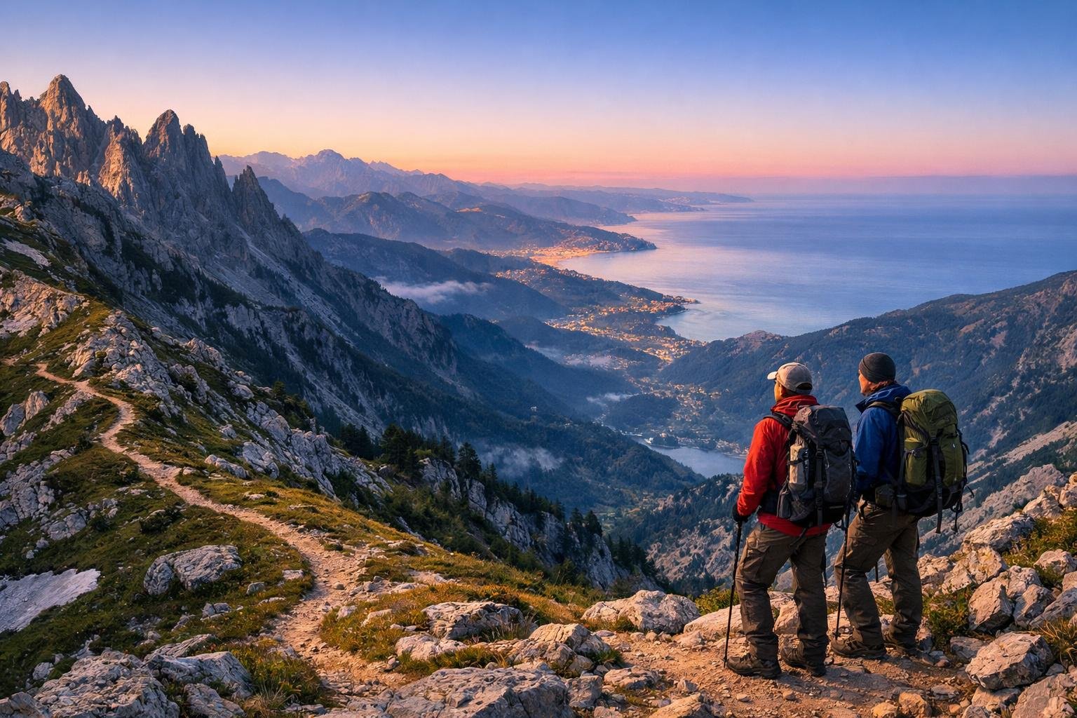 Turista stojí na hrebeni s výhľadom na zasnežené kopce a more