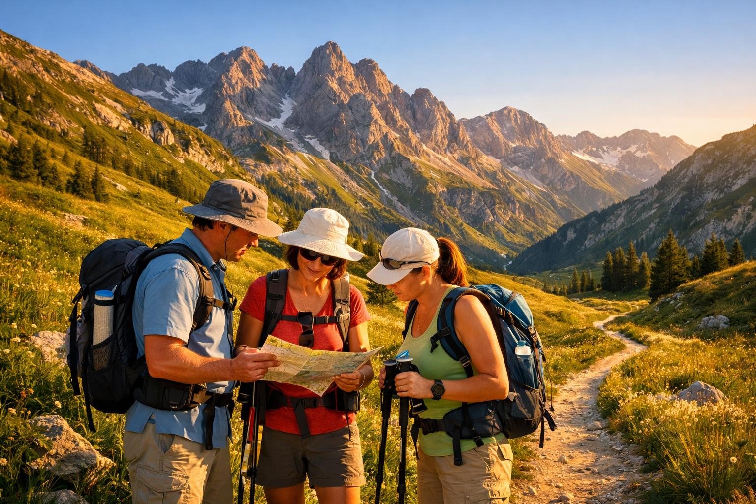 Letná horská krajina s turistami, rozkvitnutými lúkami a turistickými chodníkmi.