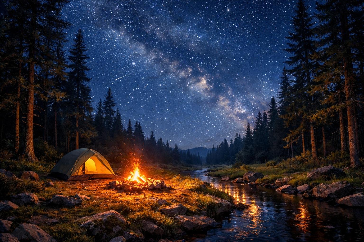 Spací stan pod hviezdnou oblohou v tichom horskom prostredí počas noci