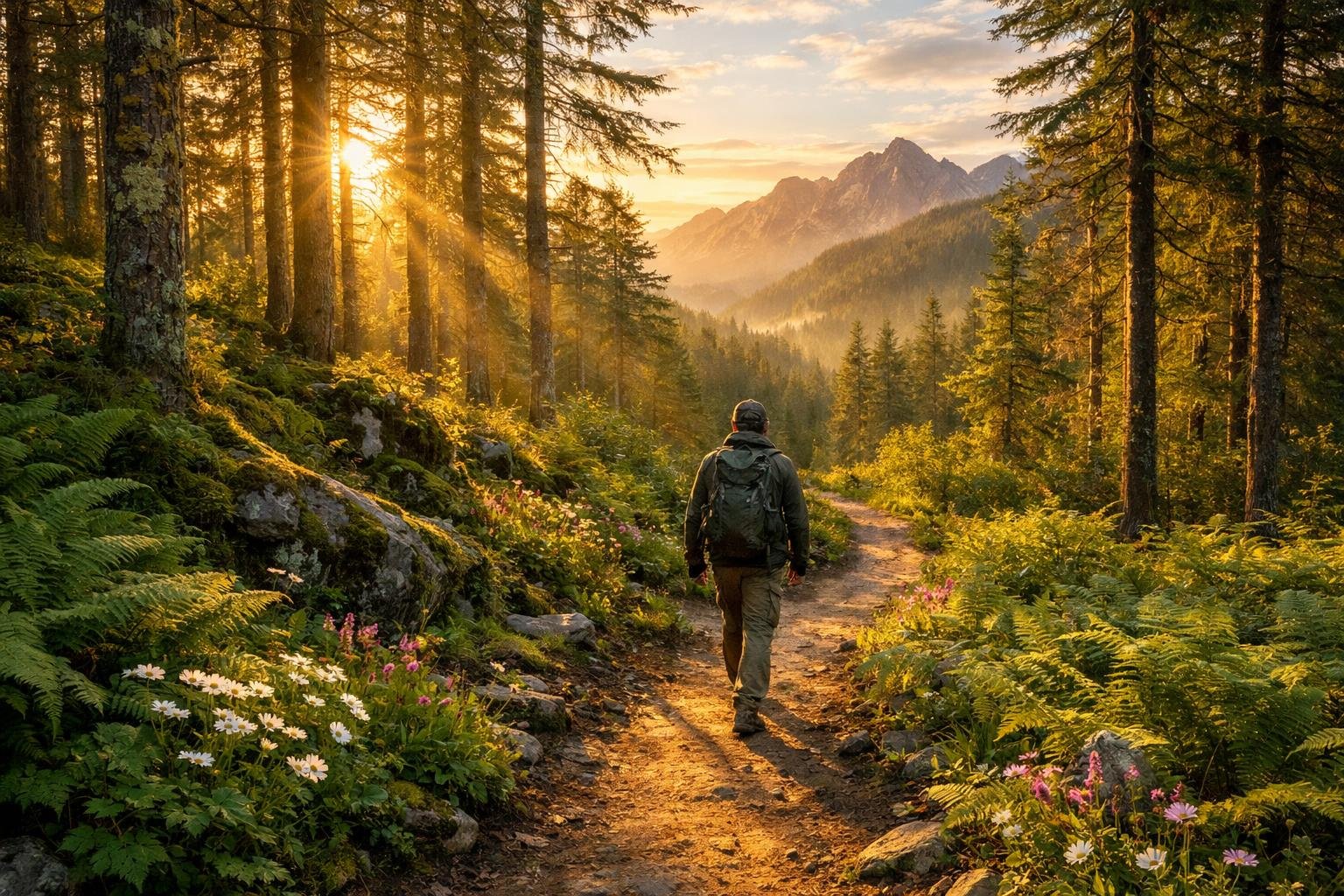 Turista prechádza lesnou cestou v chránenom území, obklopený pokojnou zeleňou.