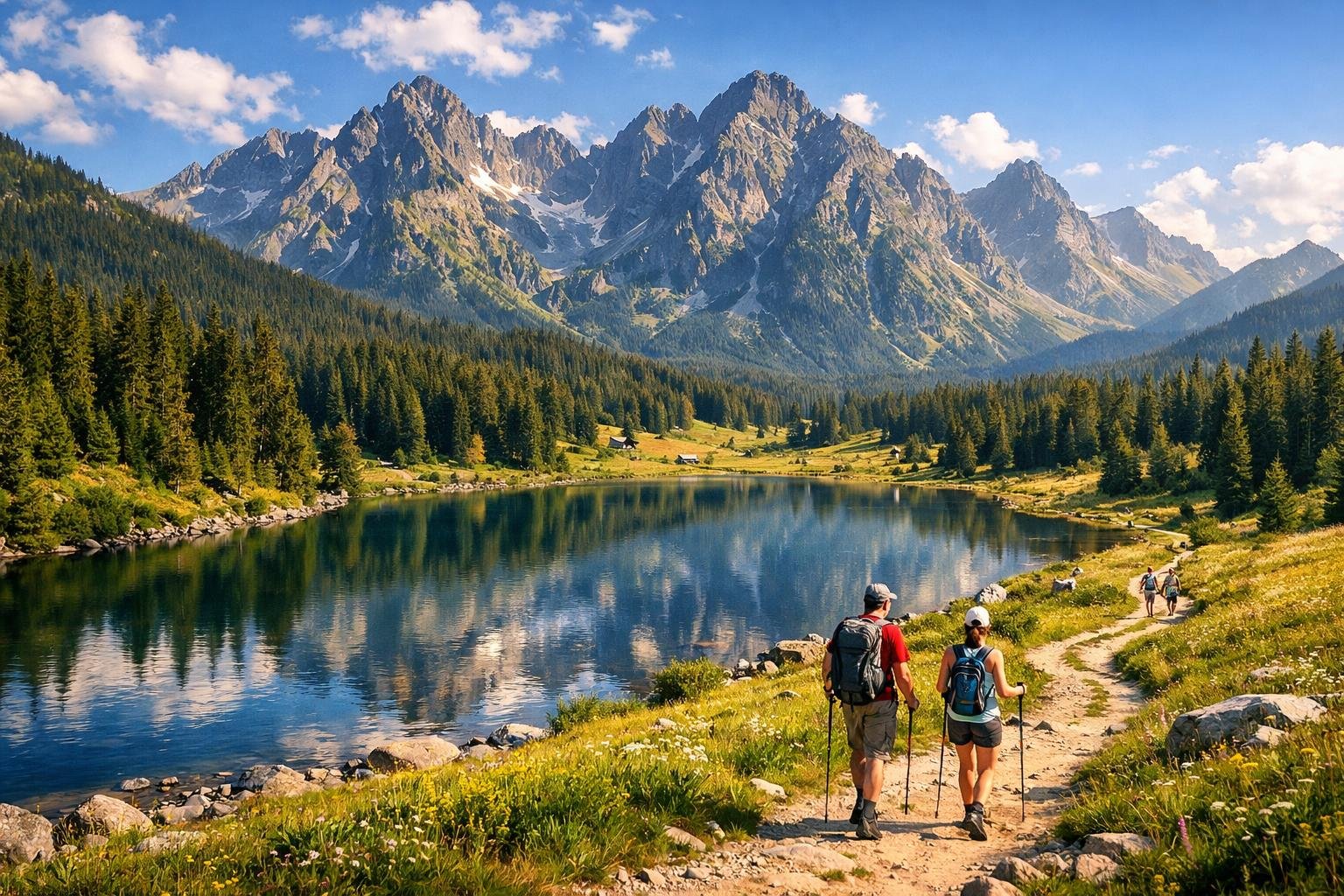 Letná scenéria Slovenska: Tatry, zelené lesy a turisti na hrebeni.
