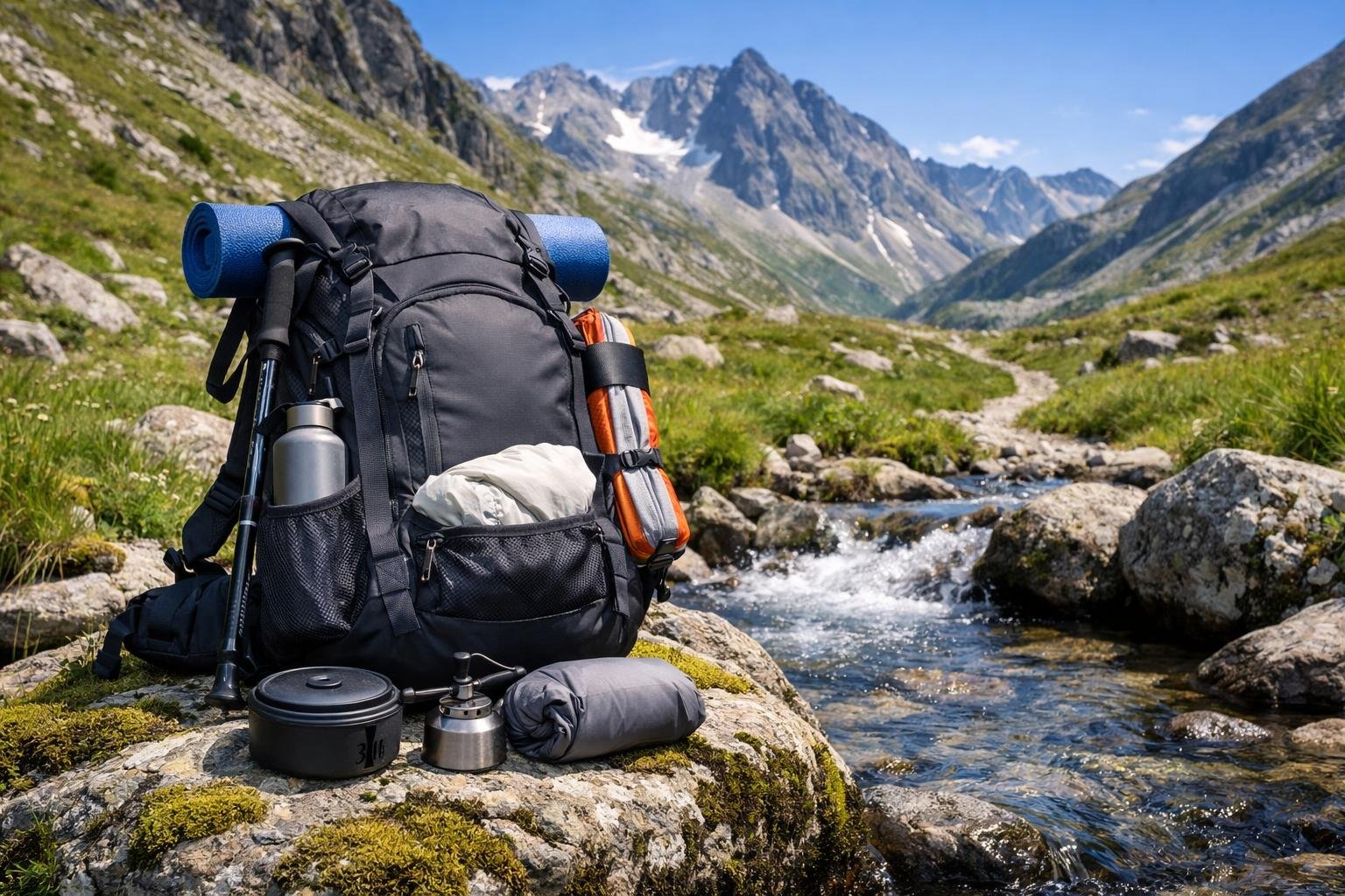 Turistický batoh s objemom 30 litrov stojí na skale pri lese